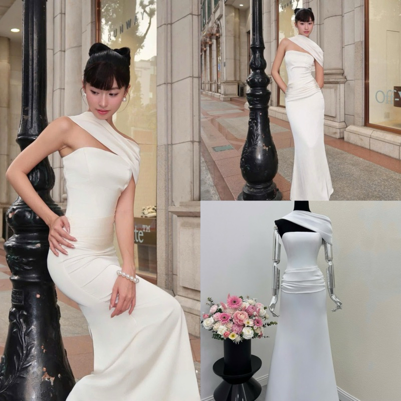 [Sẵn - Hoả Tốc] Đầm lụa trắng maxi dài ôm body choàng cổ alia dress nữ tính thanh lịch