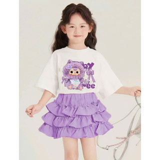 Set Bộ Áo Phông Chân Váy Xoè Bèo Tầng Màu Tím In Hình BABY Three Phong Cách Đáng Yêu Dành Cho Bé Gái