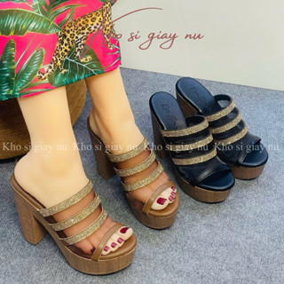  Dép Guốc Cao Gót 12 Phân Quai Phối Lưới Đính Đá Đế Da Bò Mềm 
