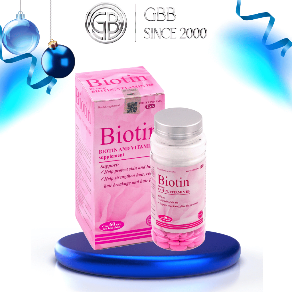 Viên uống Biotin bổ sung Biotin và Vitamin B5 giúp giảm rụng tóc, bảo vệ da, chắc móng (Hộp 60 viên)