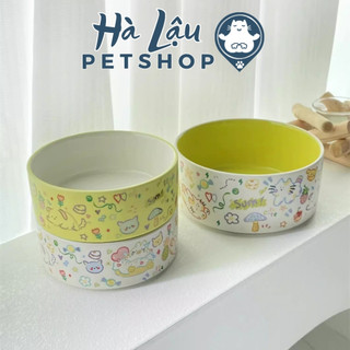 Bát ăn cho chó mèo, đĩa ăn bằng sứ tráng men cao cấp họa tiết đáng yêu chó mèo HALAU Petshop OD007.