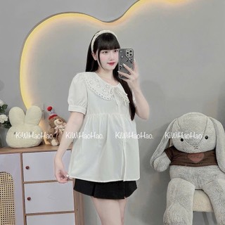 Áo bầu trắng cộc tay bồng cổ sen hoa buộc nơ - A028