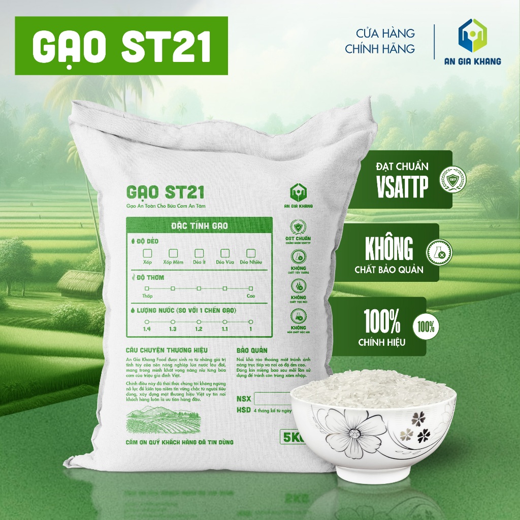 Gạo ST21 AGKF (An Gia Khang Food) - Mùi Vị Thơm Ngon (Túi 5kg)