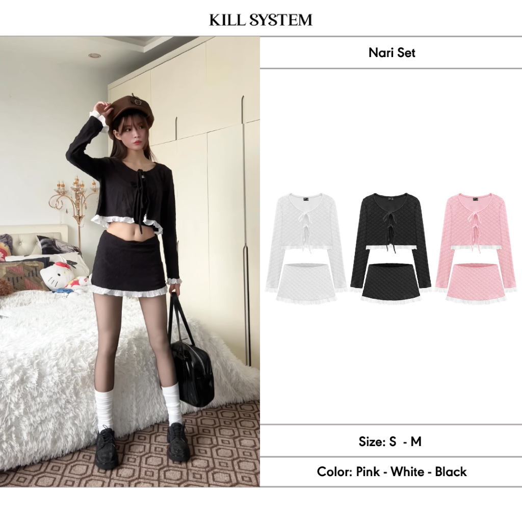   GIẢM 55%  Set áo tay dài và chân váy ngắn Nari thắt nơ phối viền voan họa tiết hoa -  Killsystem 