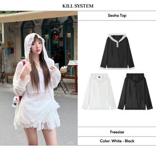 Áo hoodie xuyên thấu Seoha viền ren màu trắng Kill System