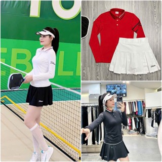 Bộ tập Pickleball nữ áo dài tay có cổ mix chân váy tập pickleball, tennis, cầu lông, golf BP41