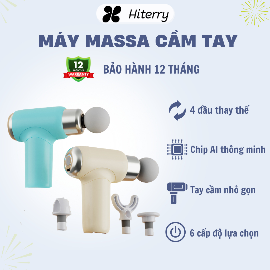 Máy Massage cầm tay mini 4 màu Máy mátxa Hiterry toàn thân thư giãn giảm căng cơ 6 chế độ có cảm biến 4 đầu thay-BH 12Th