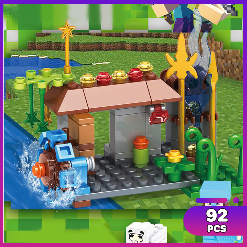 Đồ chơi Minecraft - Trại Thợ Săn ven Sông 92PCS, Đồ chơi lắp ráp ngôi nhà kèm nhân vật Steve, Alex