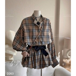 Set sơ mi kẻ chân bí LH - Set áo sơ mi mix chân váy bí xòe kẻ caro nâu HP003