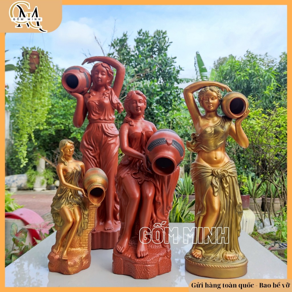 Tượng tiểu cảnh cô gái đổ nước cao 36cm, 40cm, 52cm gốm sứ Bát Tràng, tượng thác nước cô gái ôm vò