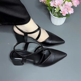 (chân đầy nâng size) GIÀY CAO GÓT VUÔNG 5P và 7P BÍT MŨI DA MỀM DÂY MẢNH CHÉO VÒNG CỔ THUN - BM131