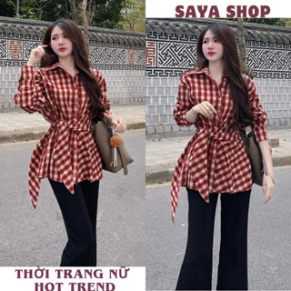 Áo sơ mi nữ dáng dài kẻ caro đỏ buộc nơ eo vạt chéo siêu xinh phong cách Hàn Quốc SaYa Shop hcom25109