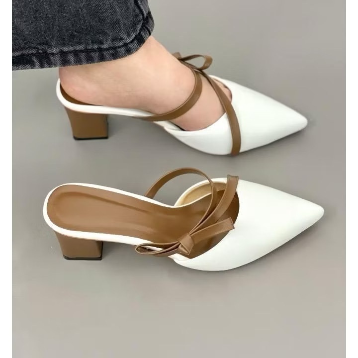 (phom nhỏ chân đầy nâng size) Giày sục cao gót vuông 3p,5p và 7p bít mũi da mềm dây mảnh kết nơ chéo hông - BM133