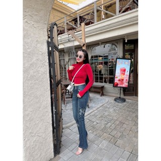 Quần jeans Nữ Ống Loe Dài Kết Bướm và đính đá