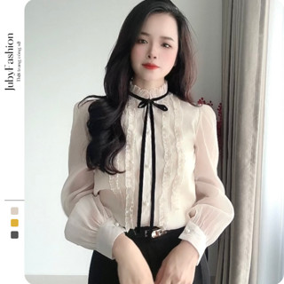 Áo Sơ Mi Nữ Thiết Kế Cổ Nơ Phối Viền Bèo