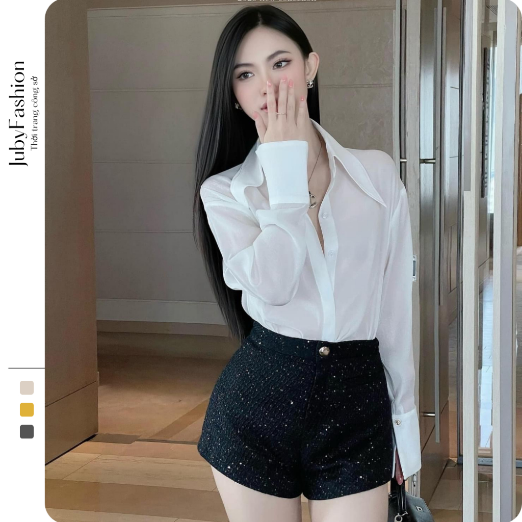 Áo sơ mi Voan Tơ Cổ Nhọn Basic ( Kèm áo 2 dây )