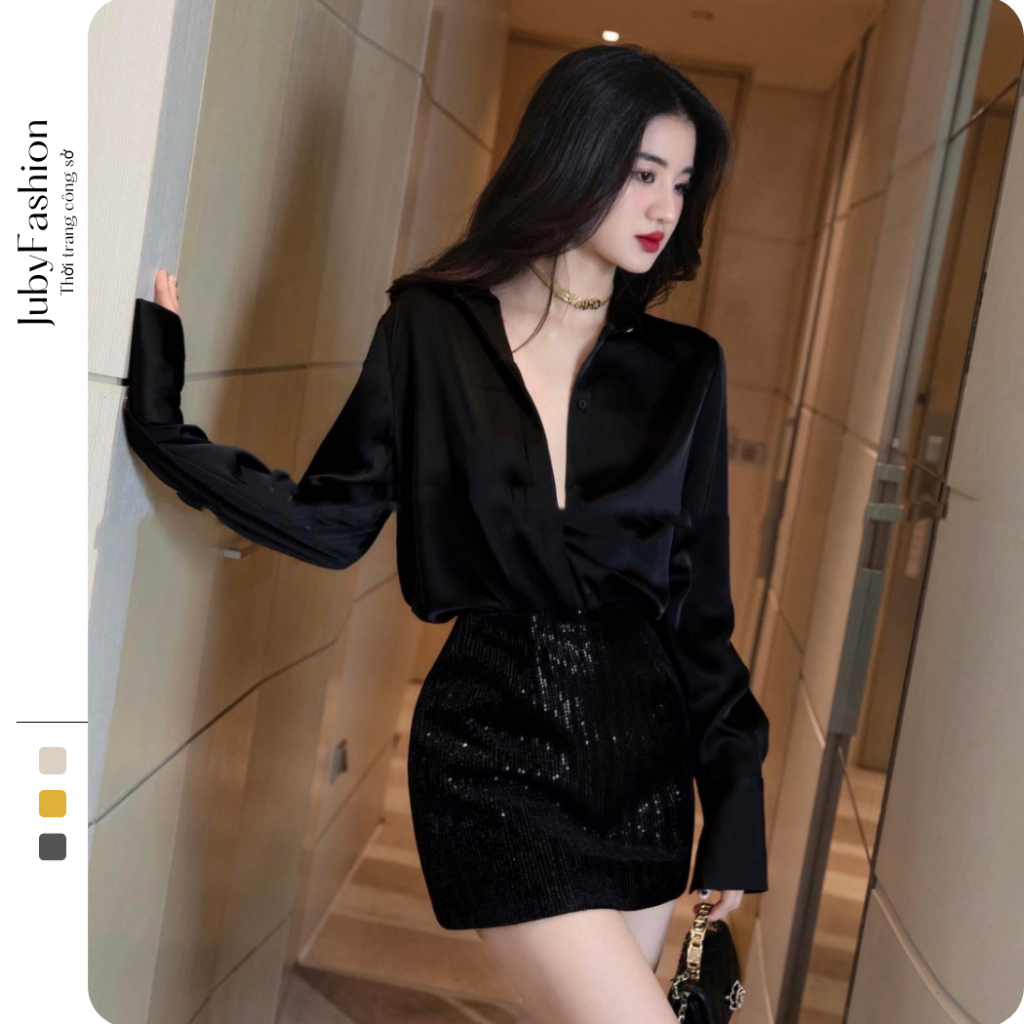 Áo Sơ Mi Lụa Thiết Kế Nẹp Cúc Dài Tay  Chất Lụa Cao Cấp Thiết Kế Basic Thanh Lịch Công Sở
