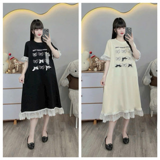 Váy Thun Cotton Quảng Châu họa tiết phối nơ hoa trẻ trung Đầm Phom Suông Dáng Dài Dễ Mặc Chị Em Bầu Bí Mặc Thoái Mái