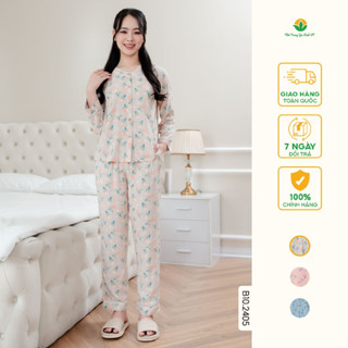 Bộ lanh nữ mặc nhà quần dài áo dài tay cổ V họa tiết thời trang Việt Thắng - B10.2405