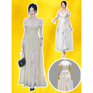 Đầm váy trắng tiểu thư công chúa trễ vai xẻ đùi xoè voan tơ tằm 40-65KGBIGSIZE dài dự tiệc cưới sang chảnh LIORA