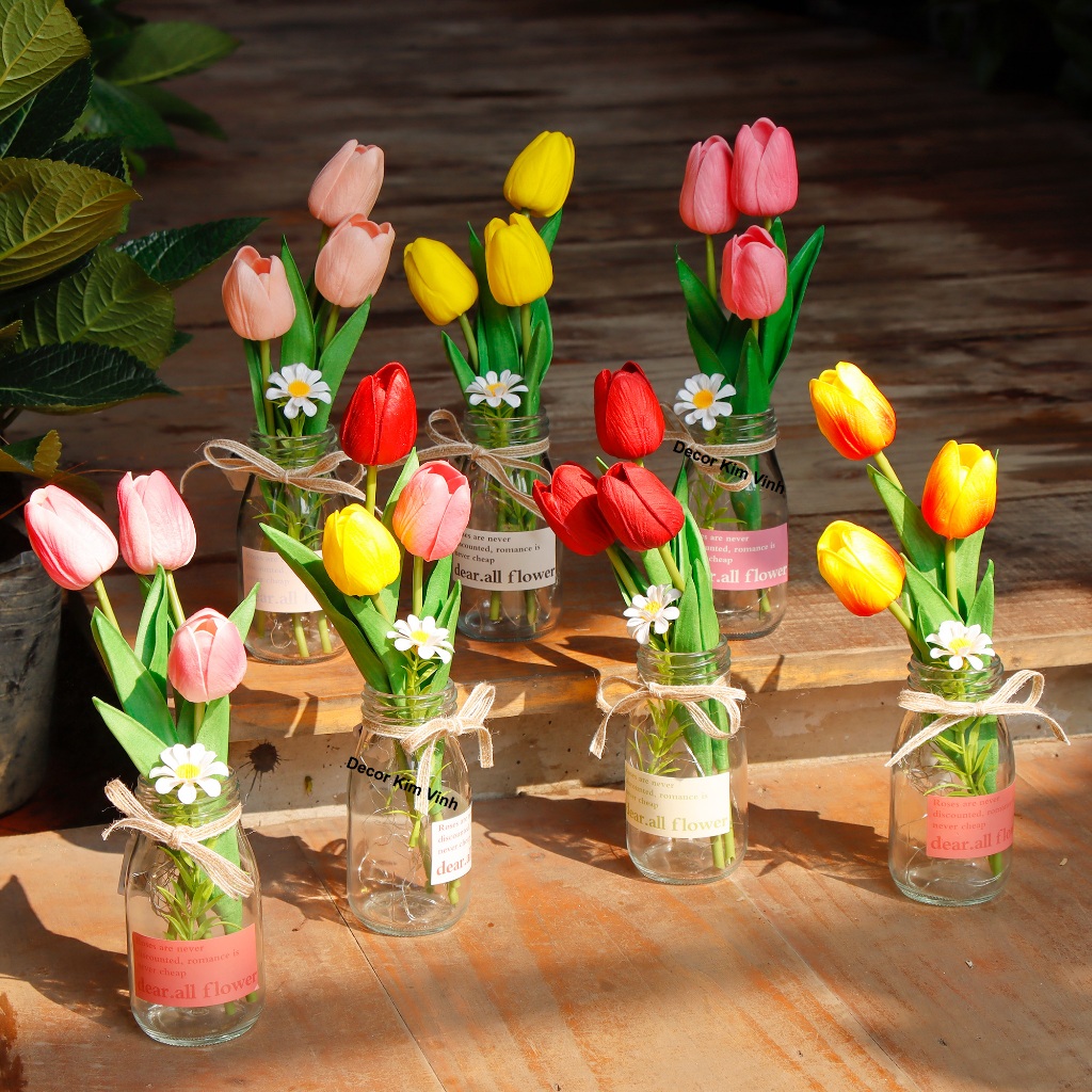 Chậu Thủy Tinh 3 Hoa Tulip H07 (Kèm Đèn, Túi & Thiệp) Quà Tặng Ý Nghĩa 8/3, Sinh Nhật, Valentine