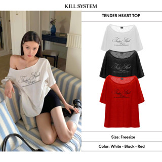 Áo thun tay ngắn lệch vai xuyên thấu Tender Heart in chữ trắng đen - Killsystem
