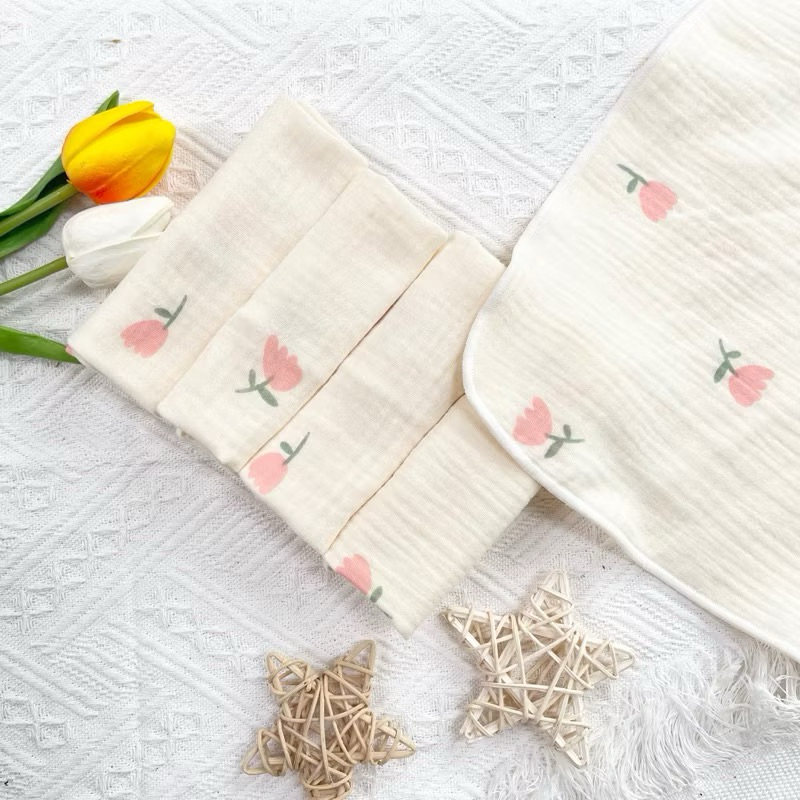 [Set 5 khăn] Khăn sữa cho bé, khăn xô muslin 2 lớp cho bé, mềm mại, thấm hút tốt