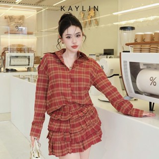 Set KAYLIN áo sơ mi tay dài phối chân váy tầng sộc caro chất vải Flannel phong cách cá tính - N2423