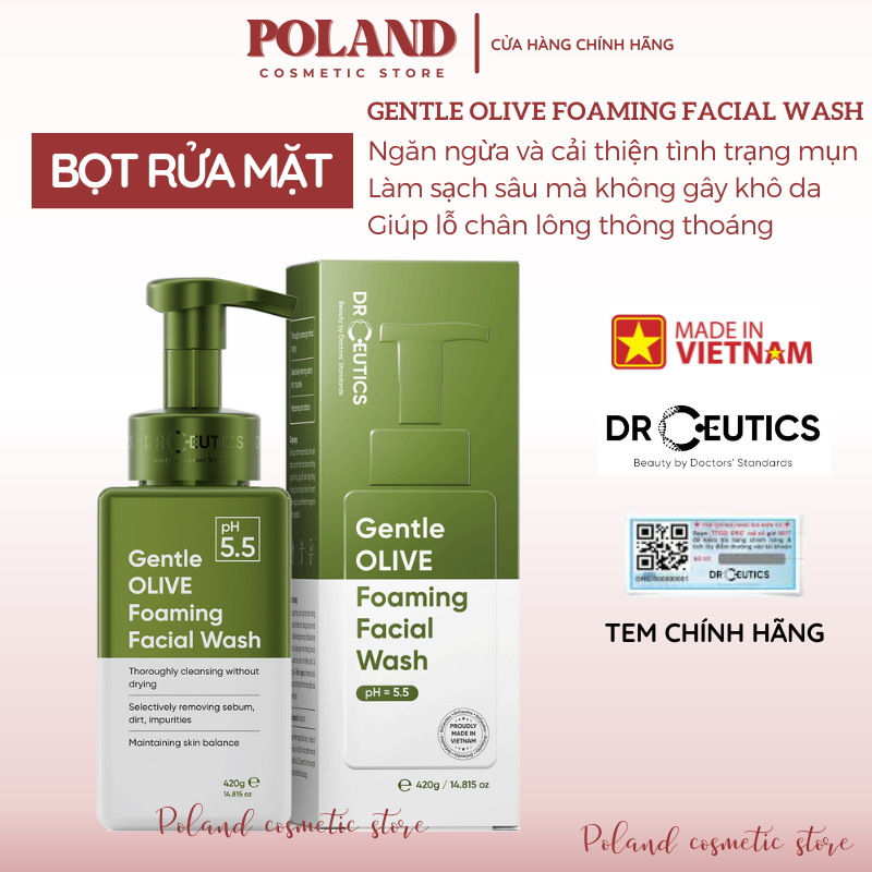 Sữa Rửa Mặt Tạo Bọt DrCeutics Gentle Olive Foaming Facial Wash Cho Mọi Loại Da, Da Nhạy Cảm 420g