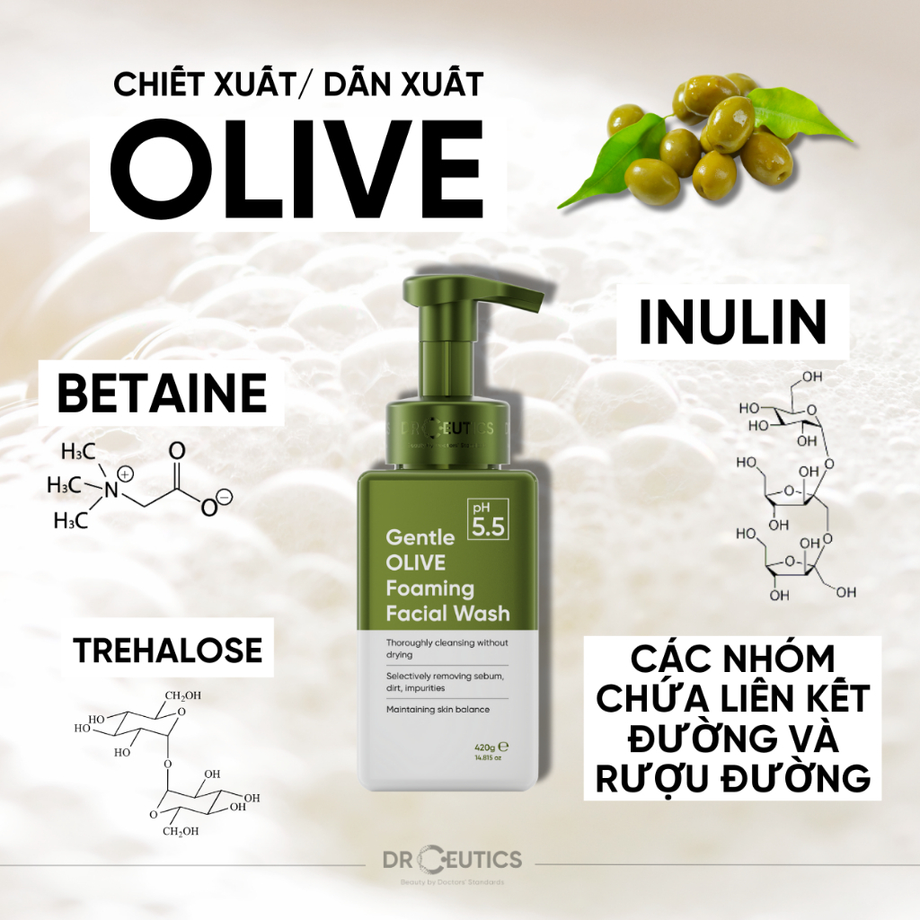 Sữa Rửa Mặt Tạo Bọt DrCeutics Gentle Olive Foaming Facial Wash Cho Mọi Loại Da, Da Nhạy Cảm 420g