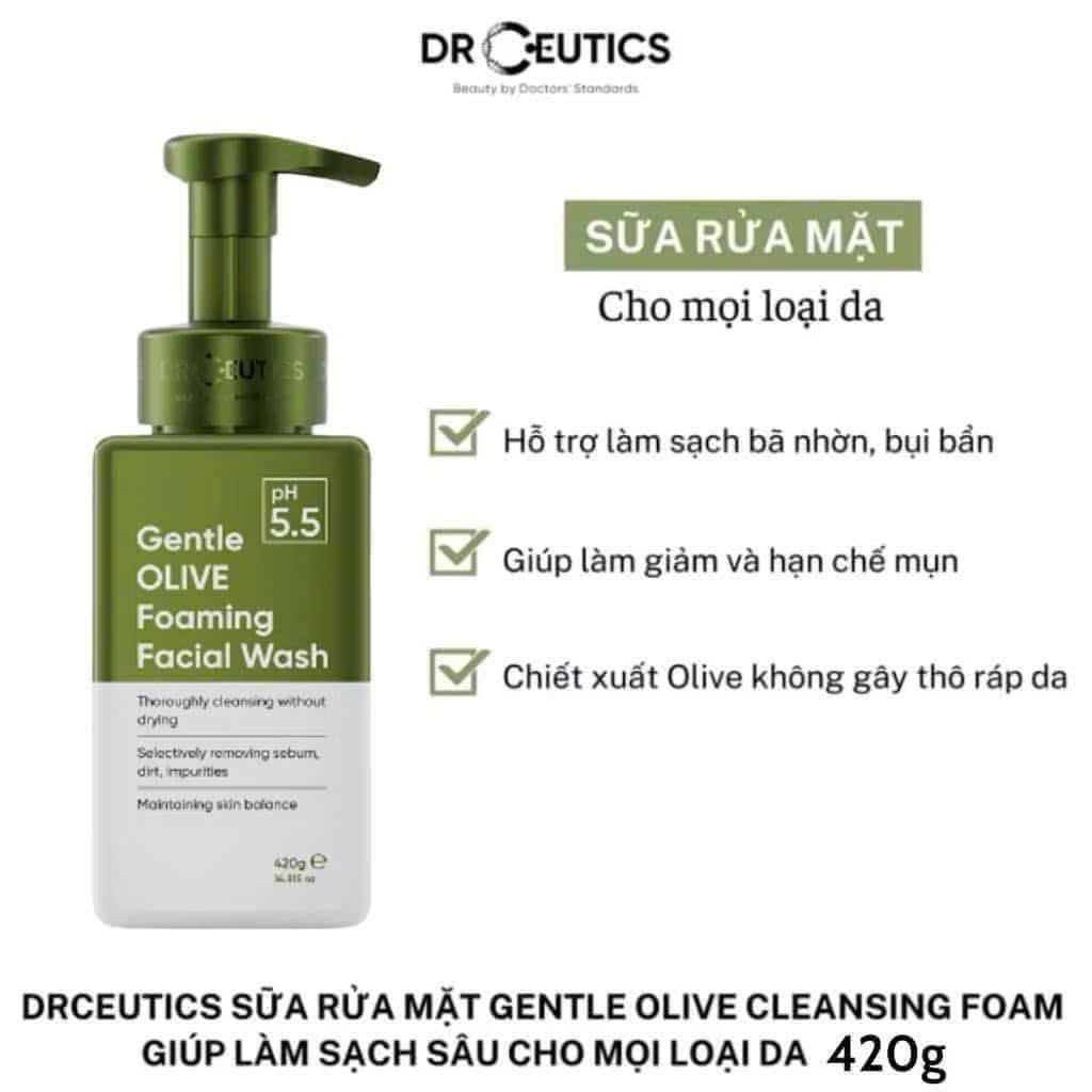 Sữa Rửa Mặt Tạo Bọt DrCeutics Gentle Olive Foaming Facial Wash Cho Mọi Loại Da, Da Nhạy Cảm 420g