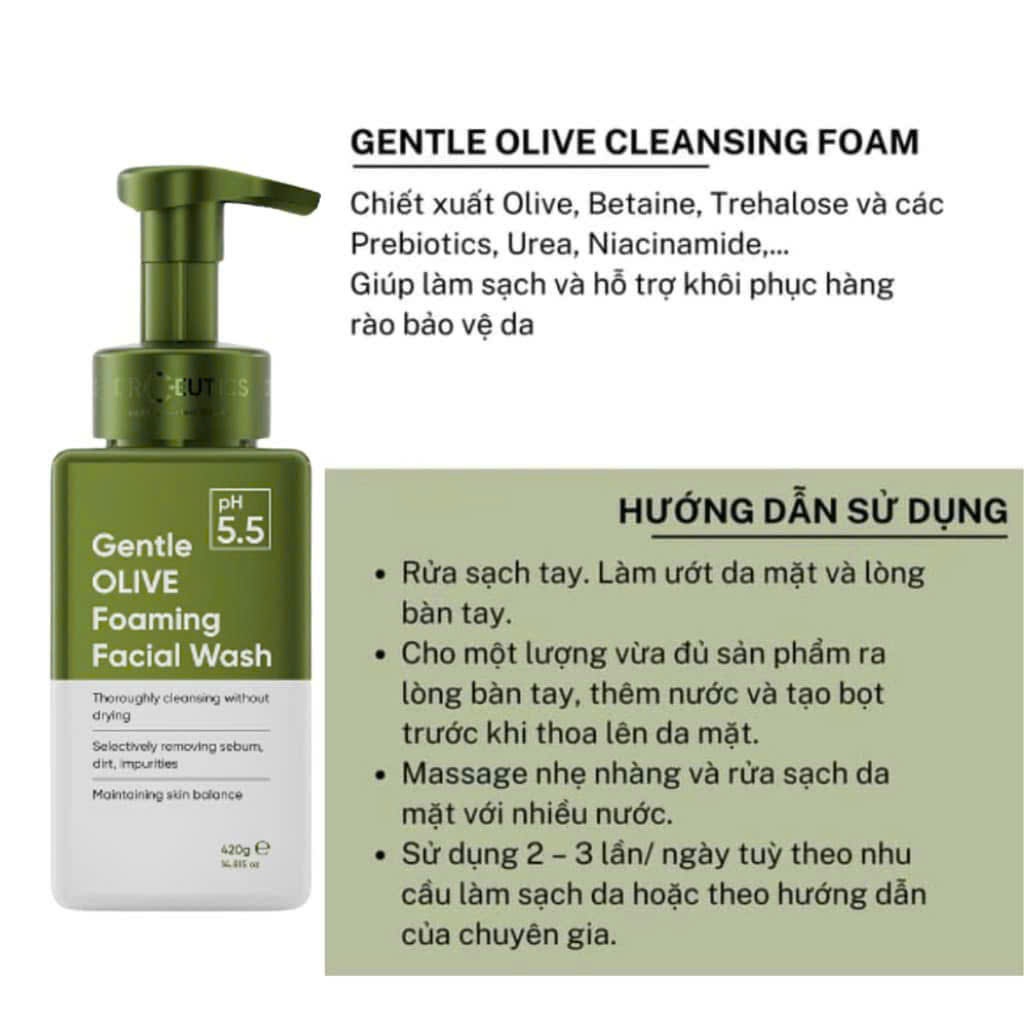 Sữa Rửa Mặt Tạo Bọt DrCeutics Gentle Olive Foaming Facial Wash Cho Mọi Loại Da, Da Nhạy Cảm 420g