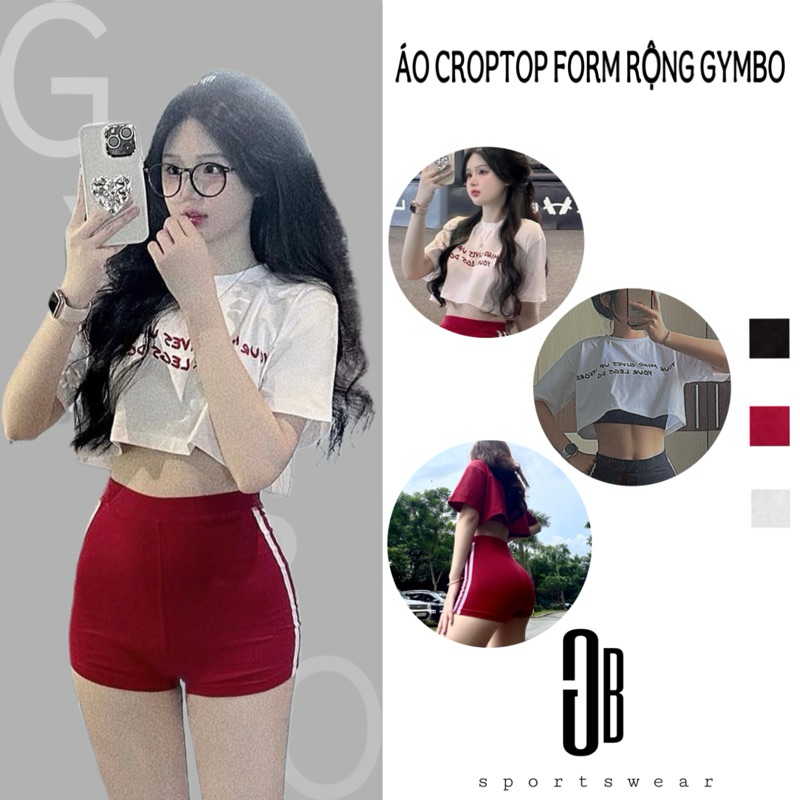 Áo croptop nữ cao cấp ngắn tay GYMBO form rộng freesize in chữ tập gym, yoga, aerobic