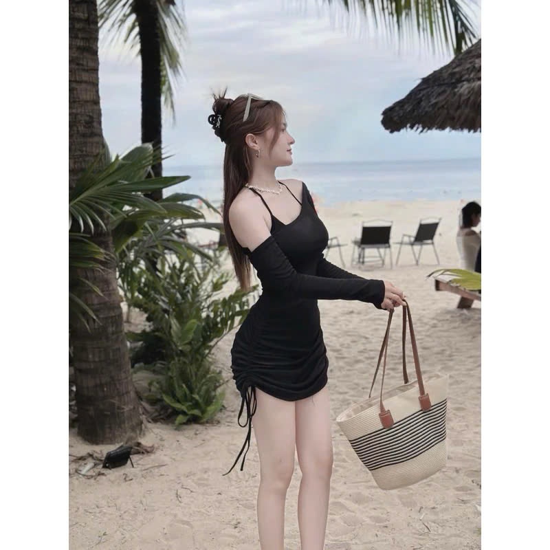 Set 3 Món Bikini Kèm Áo Đầm Dây Rút Trễ Vai Trắng Đen TS109 | BigBuy360 - bigbuy360.vn