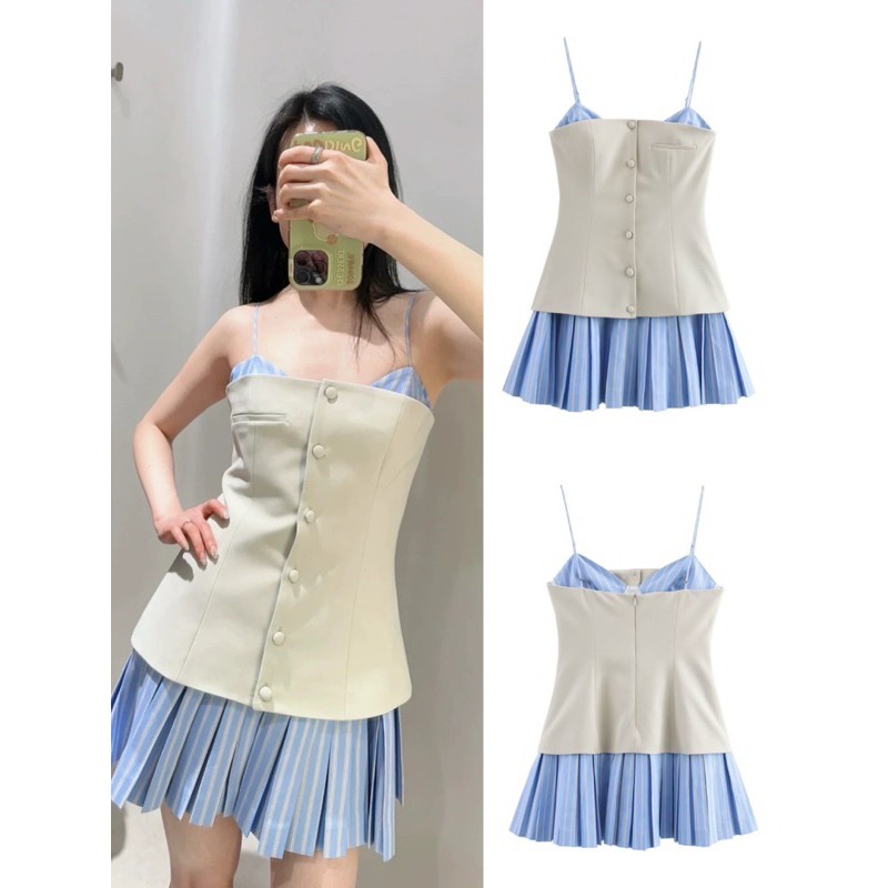 Đầm hai liền chân váy xếp ly cotton Zara2025