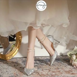 Giày cao gót mũi nhọn kim tuyến quai ngọc bít gót hở eo 7p 9P bling sang chảnh Kimngan17Store-KN51