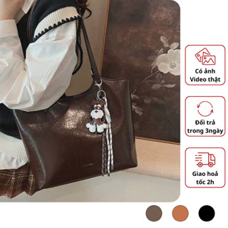 Túi da công sở kéo khoá size vừa đi học đi làm túi tote chất da mềm đeo vai kèm charm  màu đen nâu cà phê size 30 Miu 74