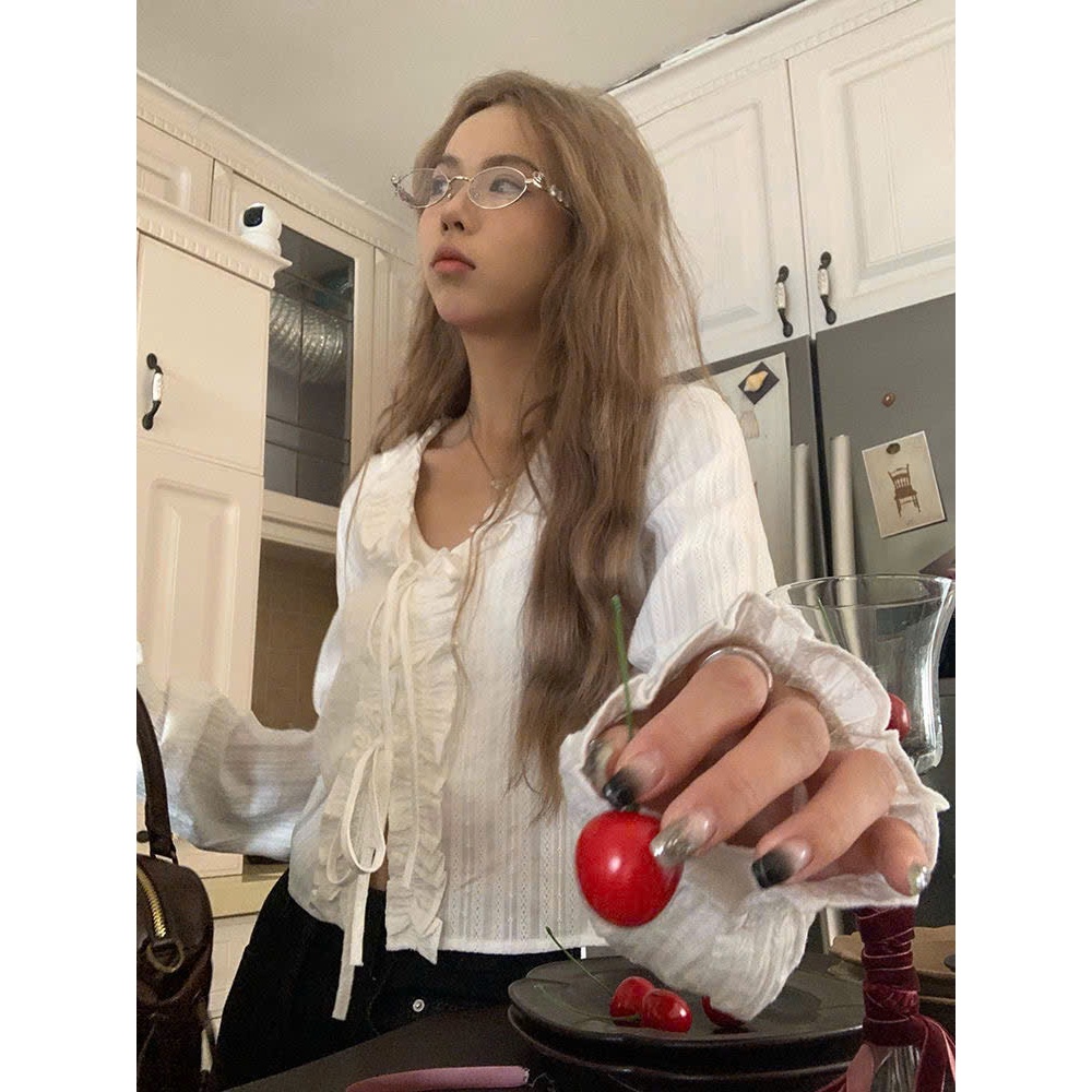 [S15] Áo sơ mi kiểu cổ chữ V viền bèo Yummy kiểu Pháp, Sơ mi dài tay thắt nơ trắng dịp hàng ngày | BigBuy360 - bigbuy360.vn