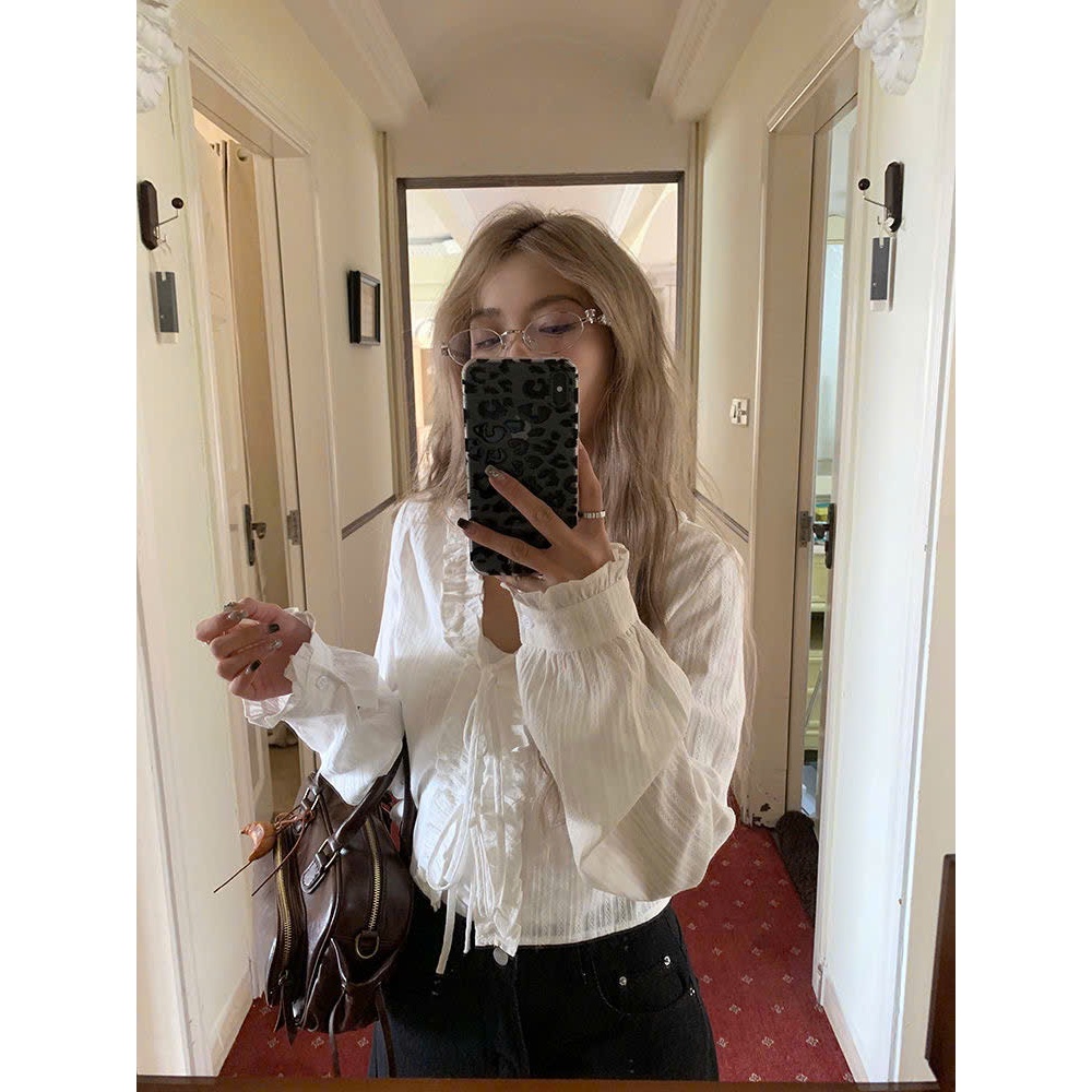 [S15] Áo sơ mi kiểu cổ chữ V viền bèo Yummy kiểu Pháp, Sơ mi dài tay thắt nơ trắng dịp hàng ngày | BigBuy360 - bigbuy360.vn