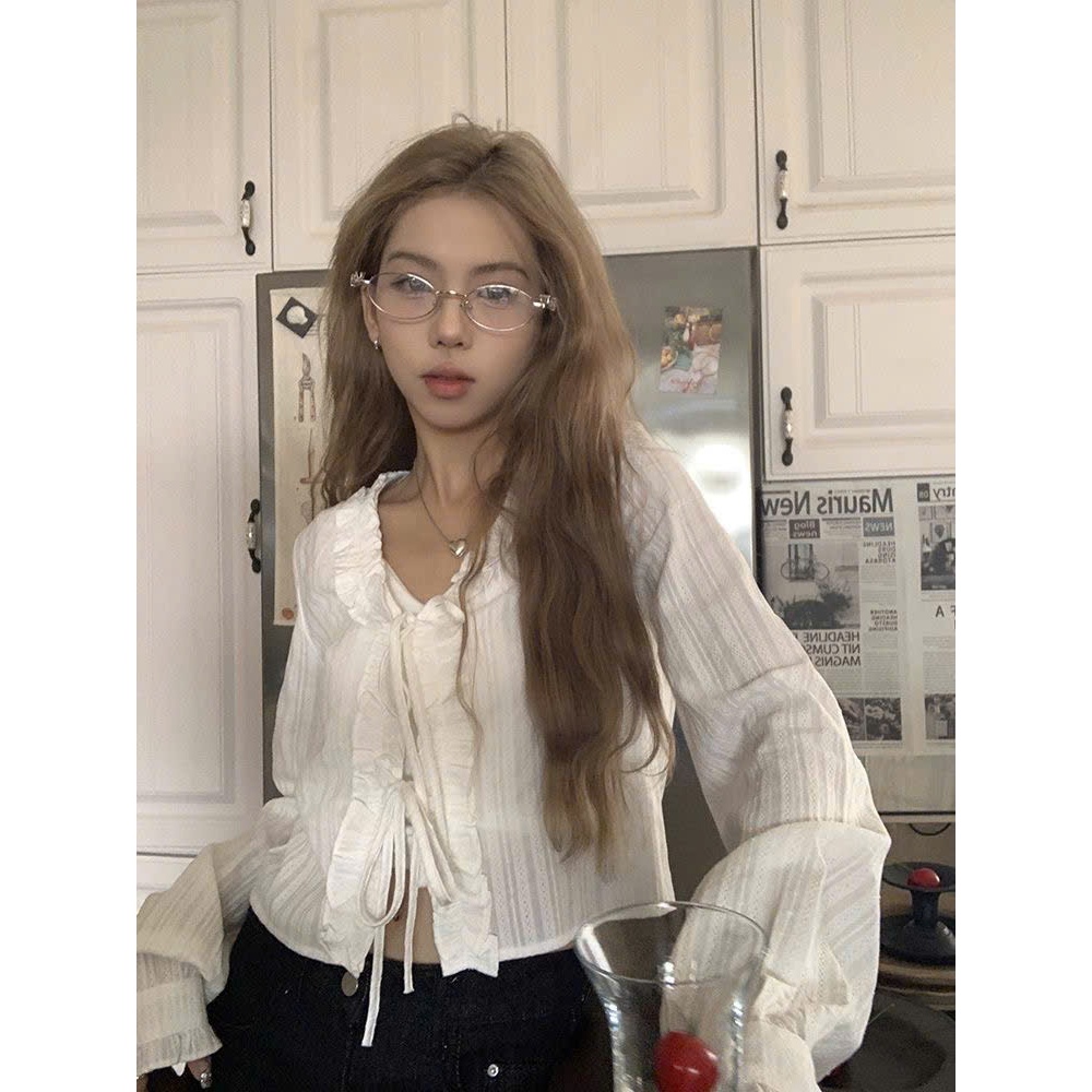 [S15] Áo sơ mi kiểu cổ chữ V viền bèo Yummy kiểu Pháp, Sơ mi dài tay thắt nơ trắng dịp hàng ngày | BigBuy360 - bigbuy360.vn