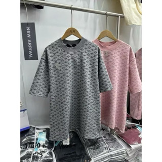 Áo phông in chữ nổi cổ bo len kèm tag áo ngắn tay cho nam nữ dáng chuẩn