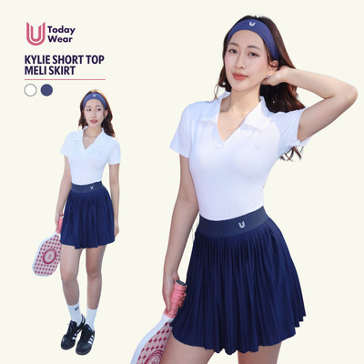 Set bộ đồ pickleball áo Kylie Short trắng mix chân váy Meli Skirt xanh navy Today U Wear có lót