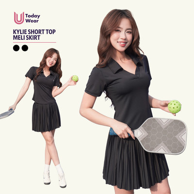 Set bộ đồ pickleball áo Kylie Short đen mix chân váy Meli Skirt đen Today U Wear có lót không lộ