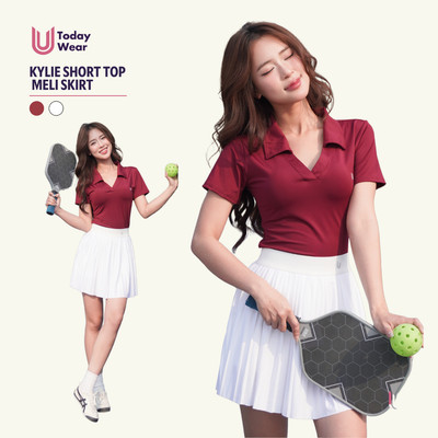 Set bộ đồ pickleball áo Kylie Short đỏ mix chân váy Meli Skirt trắng Today U Wear có lót không lộ