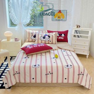 Bộ chăn ga gối đũi LIDACO thiết kế chăn hè thu lót bông mỏng họa tiết kẻ sọc in hình động vật ngộ nghĩnh