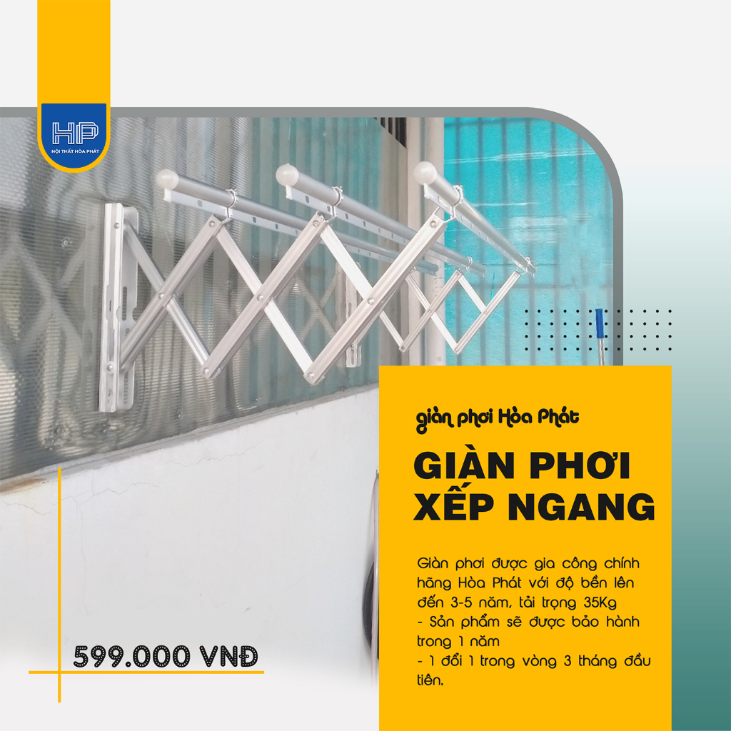 Giàn phơi xếp ngang Hòa Phát [35-45Kg], Loại gắng tường xếp gọn, Chất liệu nhôm dài 1- 2m