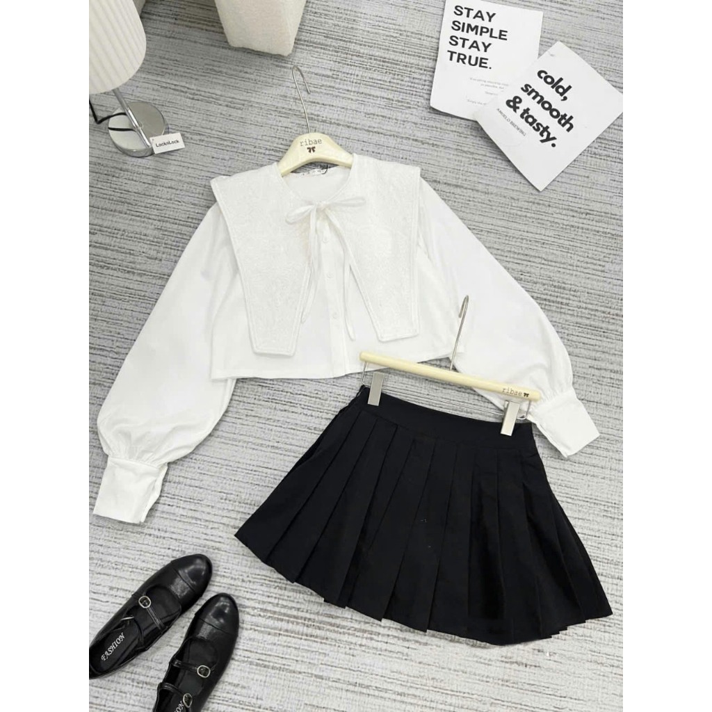 (A.08) Set Áo Sơ Mi Cách Điệu Phối Ren Đáp Thắt Nơ Cổ Mix Chân Váy Kaki Chéo Xếp Ly Style Tiểu Thư Lollaye | BigBuy360 - bigbuy360.vn