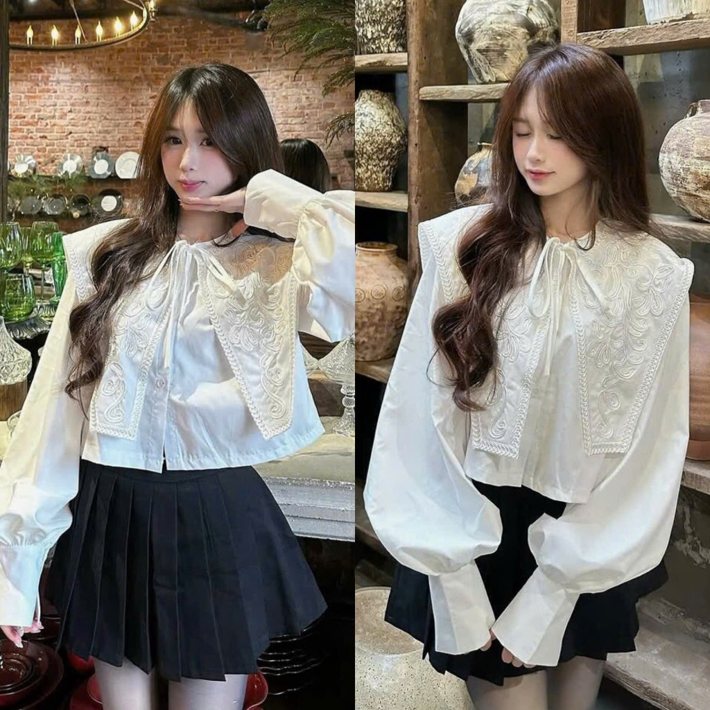 Set Áo Sơ Mi Cách Điệu Phối Ren Đáp Thắt Nơ Cổ Mix Chân Váy Kaki Chéo Xếp Ly Style Tiểu Thư (Ảnh Thật Trải Sàn) Lollaye