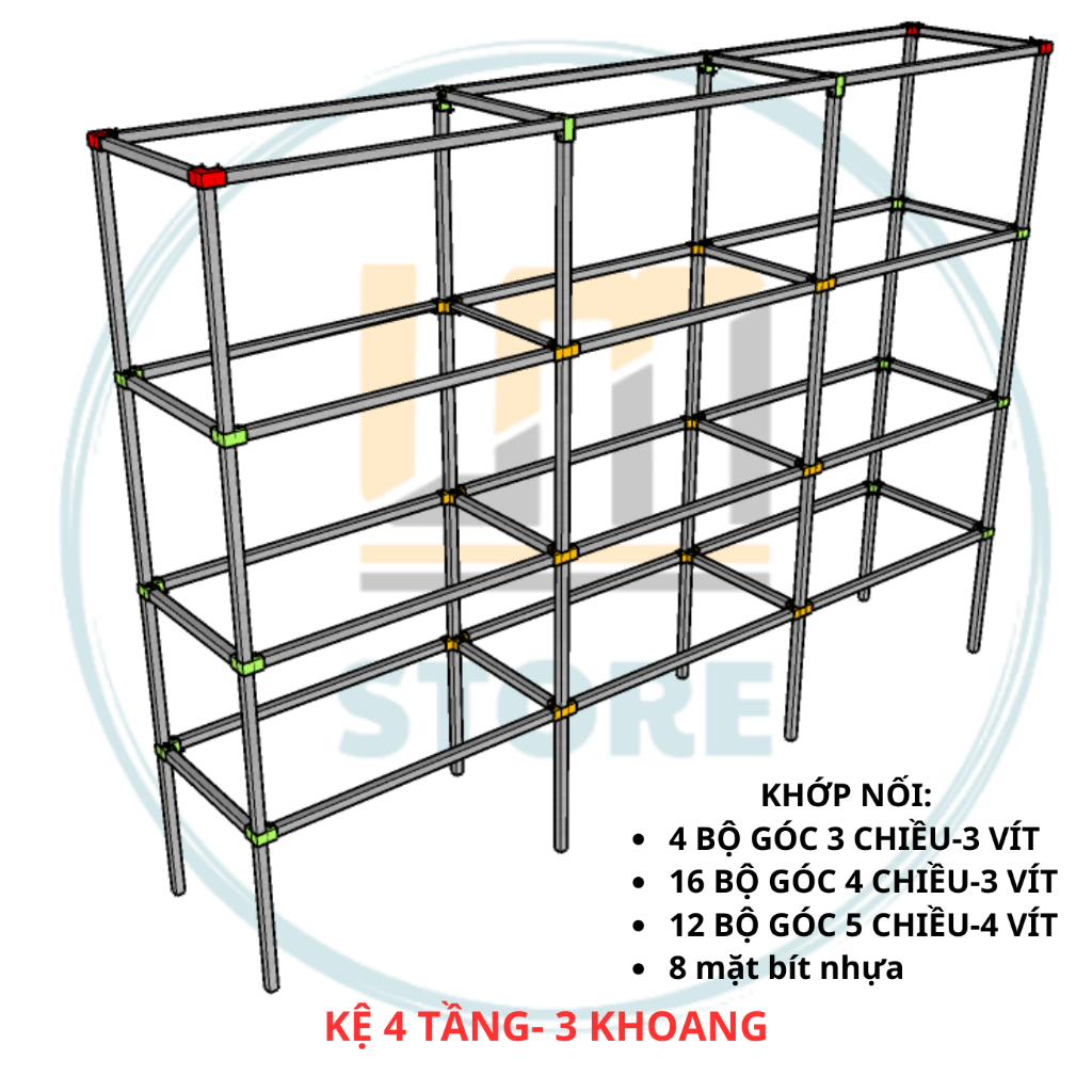 Combo Khớp Nối KỆ 4 TẦNG -3 KHOANG. Khớp Nối Thông Minh Cho Sắt Hộp Vuông