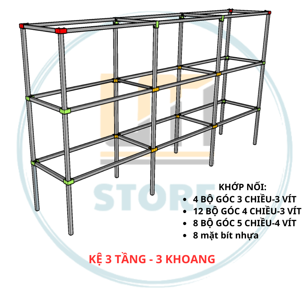 Combo Khớp Nối KỆ 3 TẦNG -3 KHOANG. Khớp Nối Thông Minh Cho Sắt Hộp Vuông
